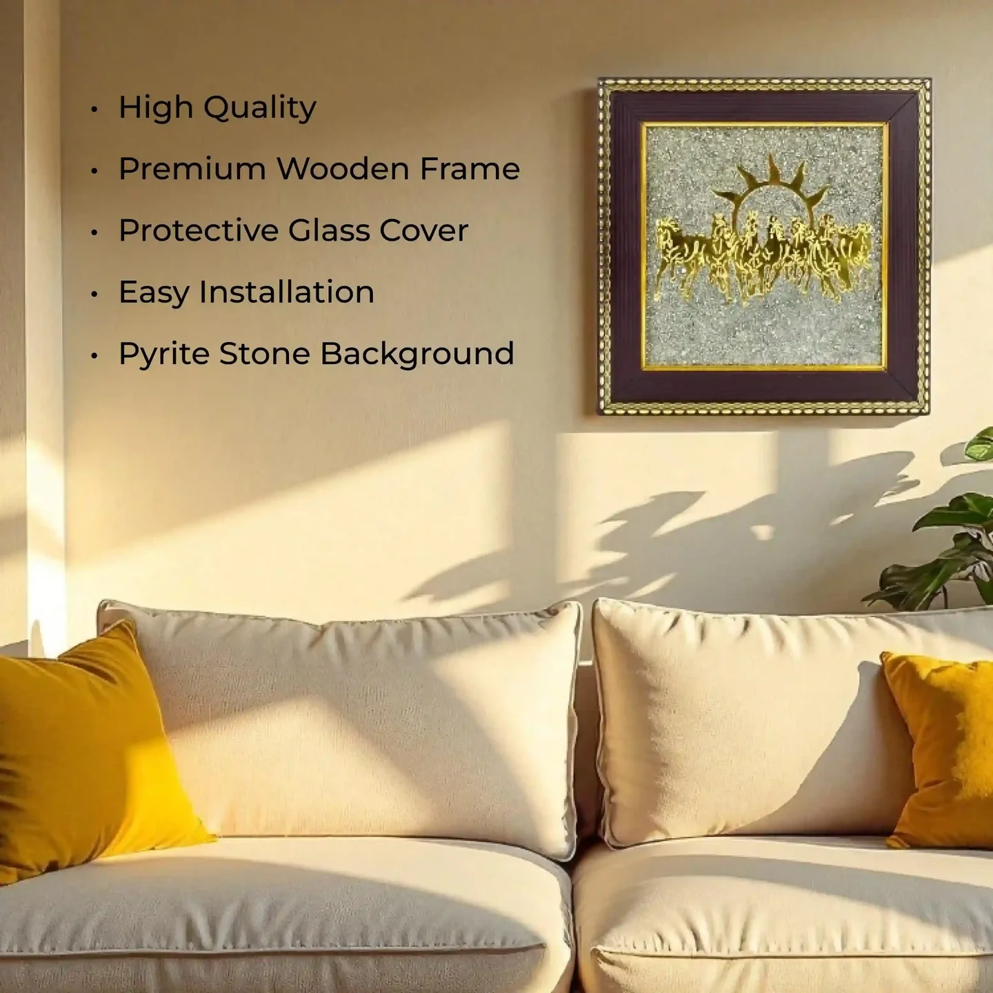 7 Horses Photo Frame on Raw Pyrite – Symbolic Vastu Decor for Prosperity, Progress & Positive Energy | Home & Office Wall Decor (19×19×1 cm) - Image 2